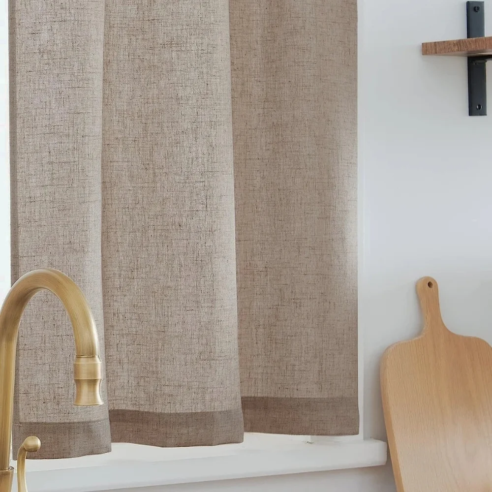 NEW Comfort Bay Window Textured Kitchen Curtains Valance 3 Piece Set Brown Linen